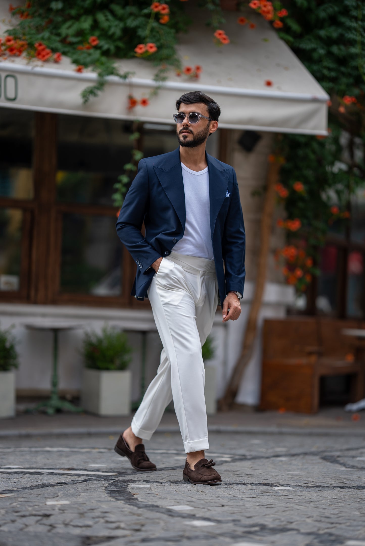 Dark Blue & White Single Breasted Suit