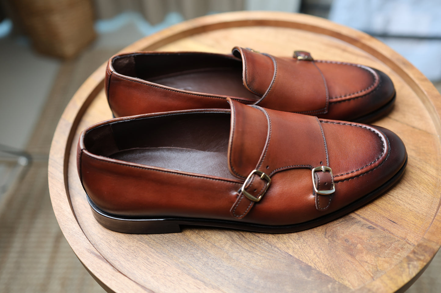 Brown monk strap leather loafers