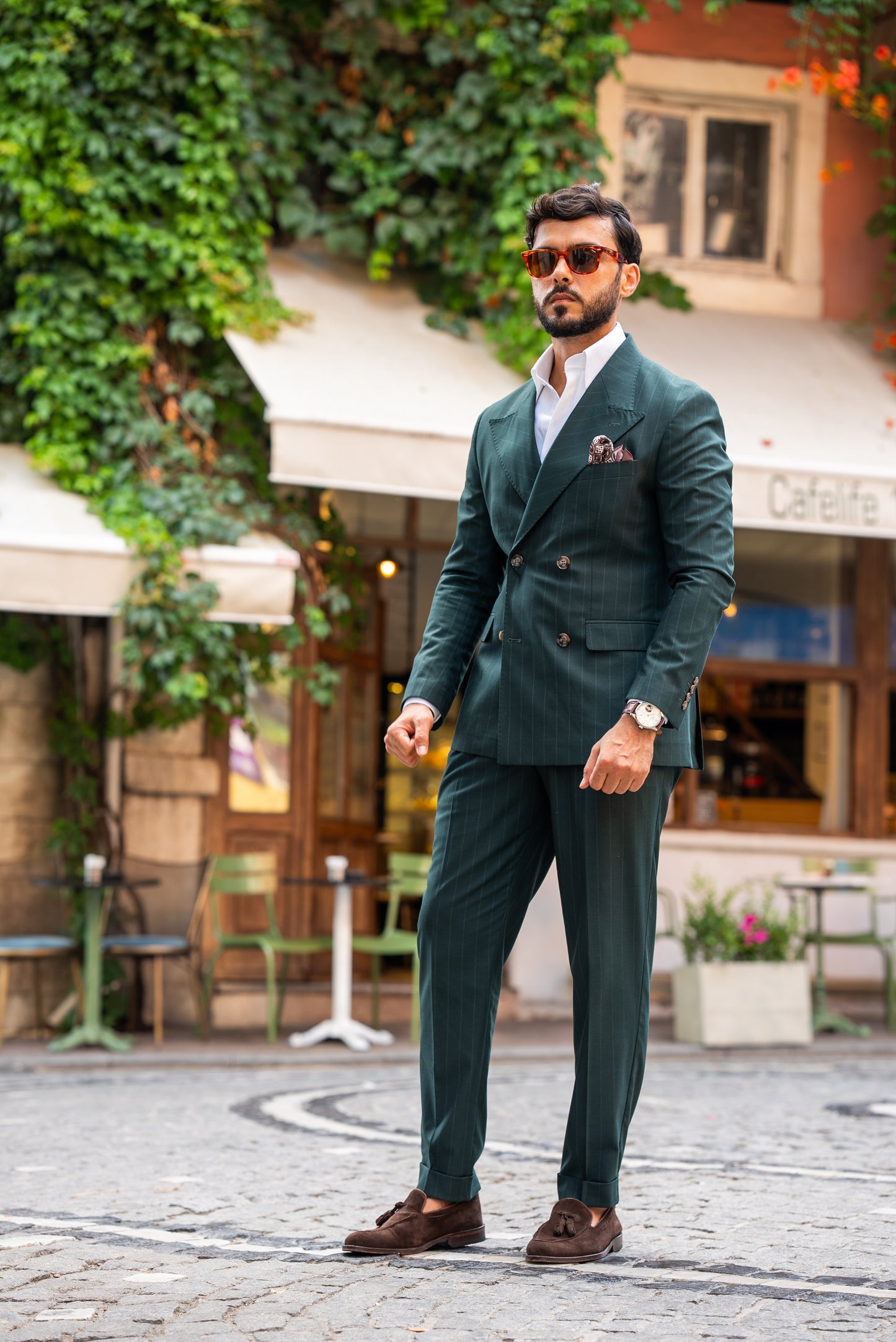 Green Stripe Double Breasted Suit