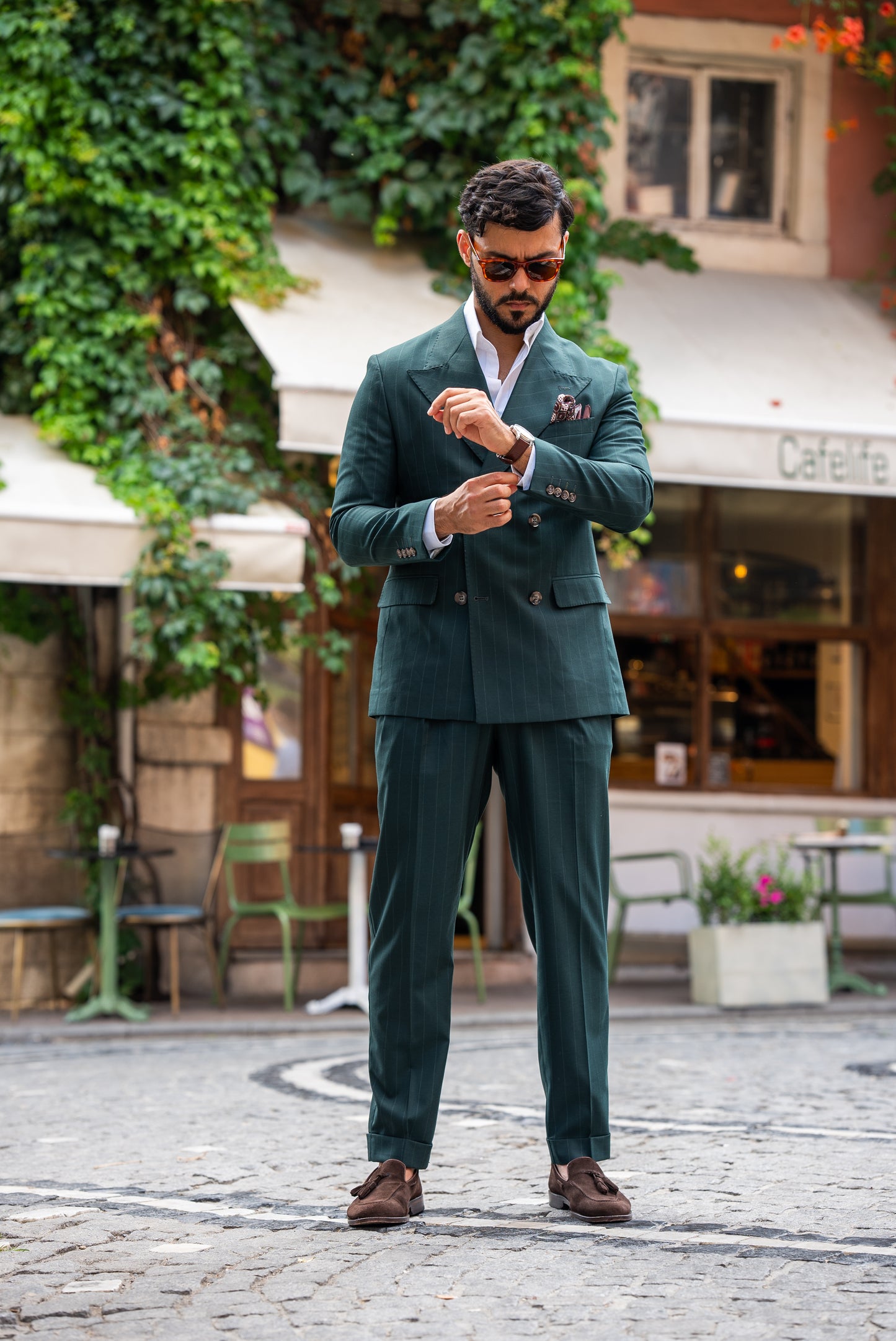 Green Stripe Double Breasted Suit