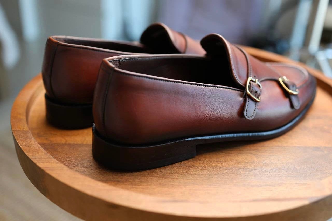 Brown monk strap leather loafers