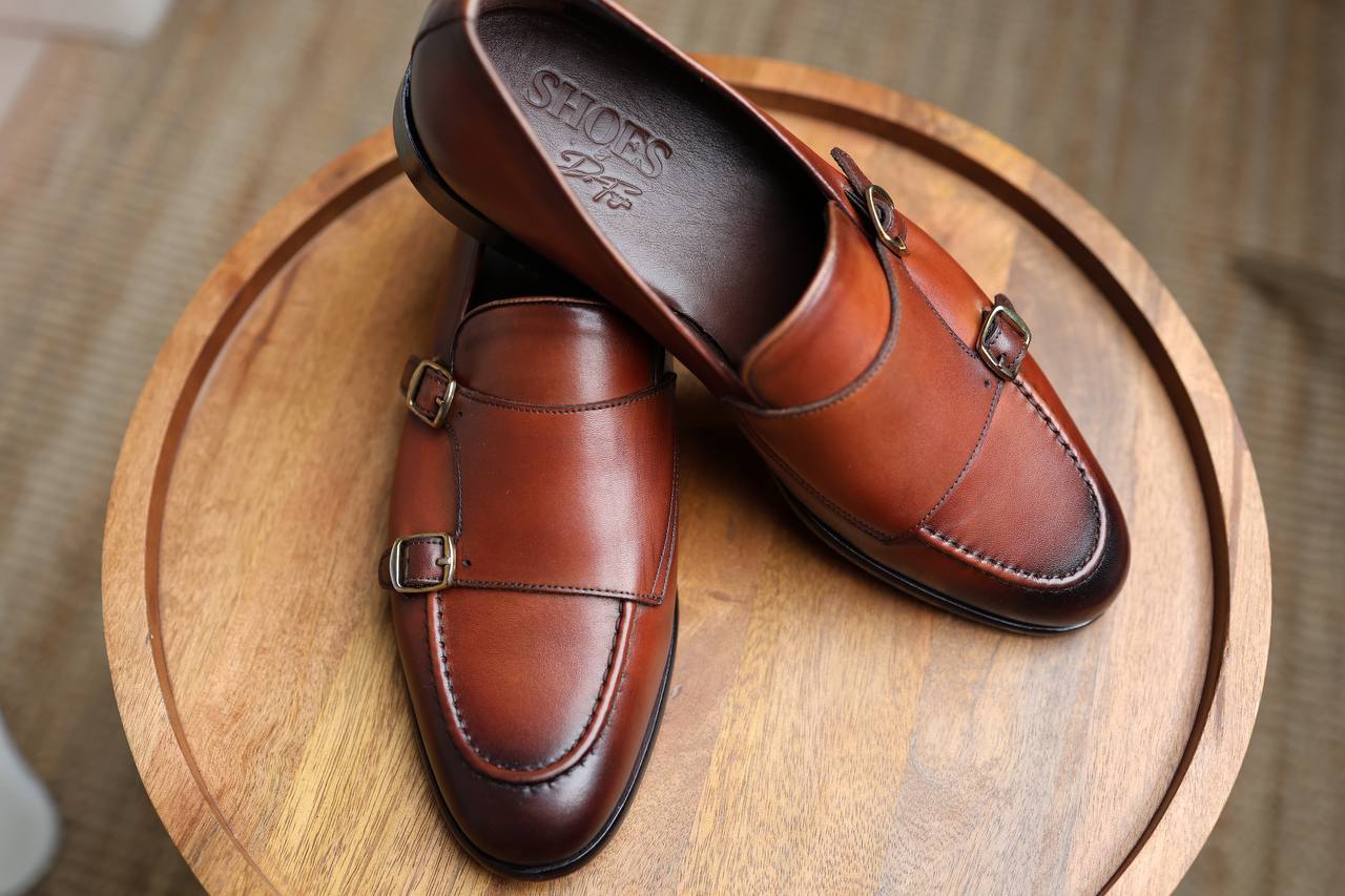 Brown monk strap leather loafers
