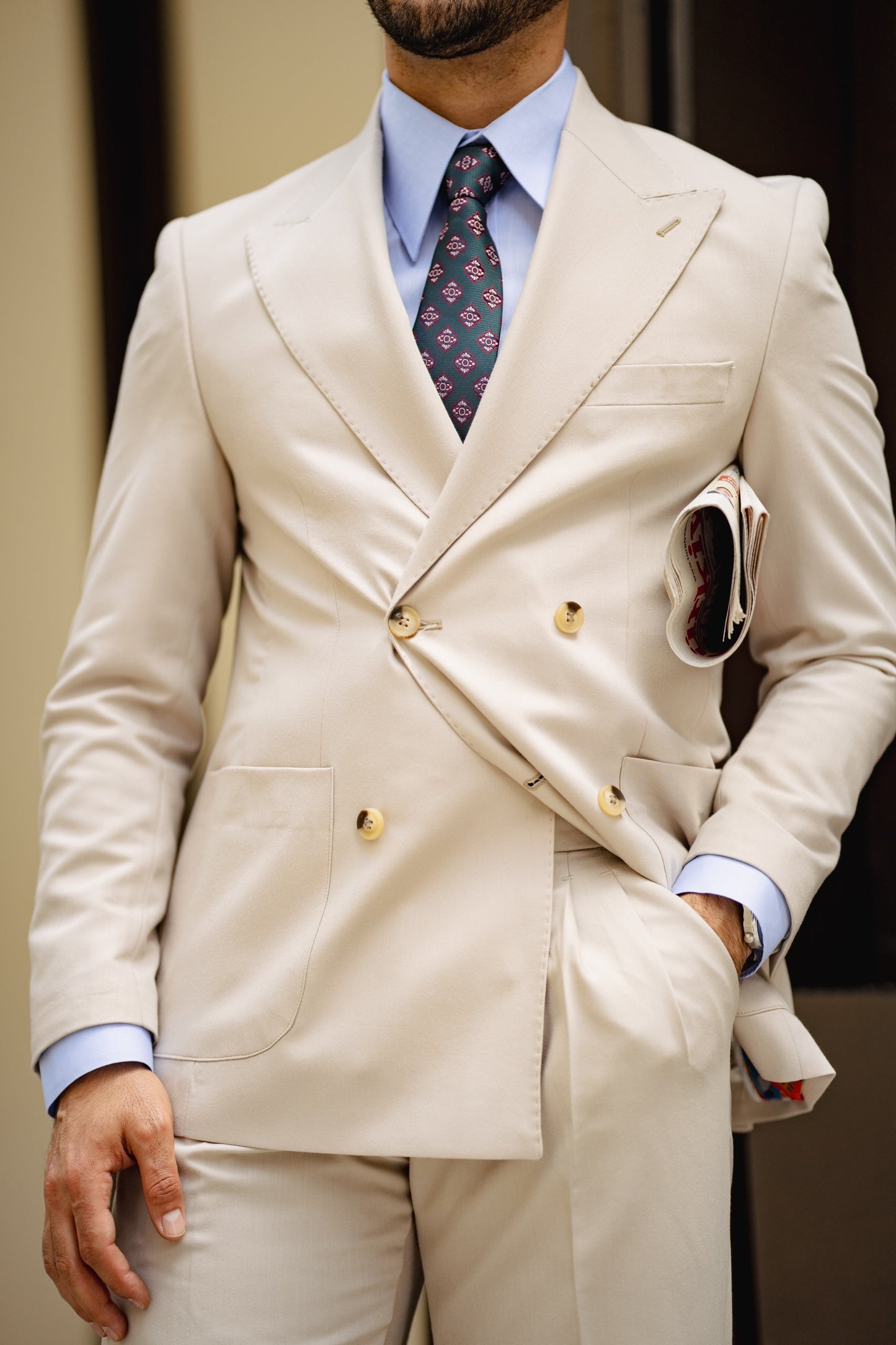 Beige Double Breasted Suit