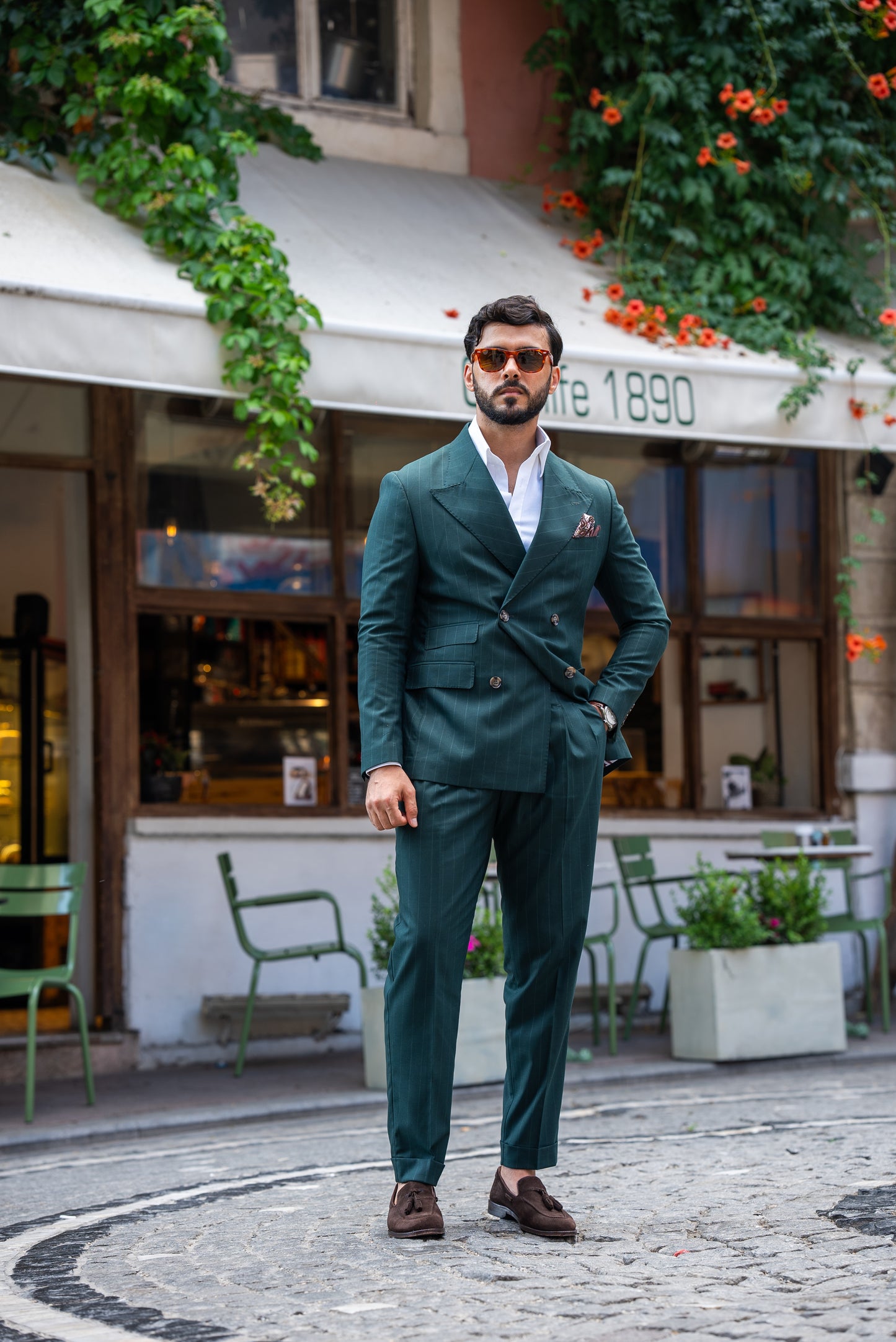 Green Stripe Double Breasted Suit