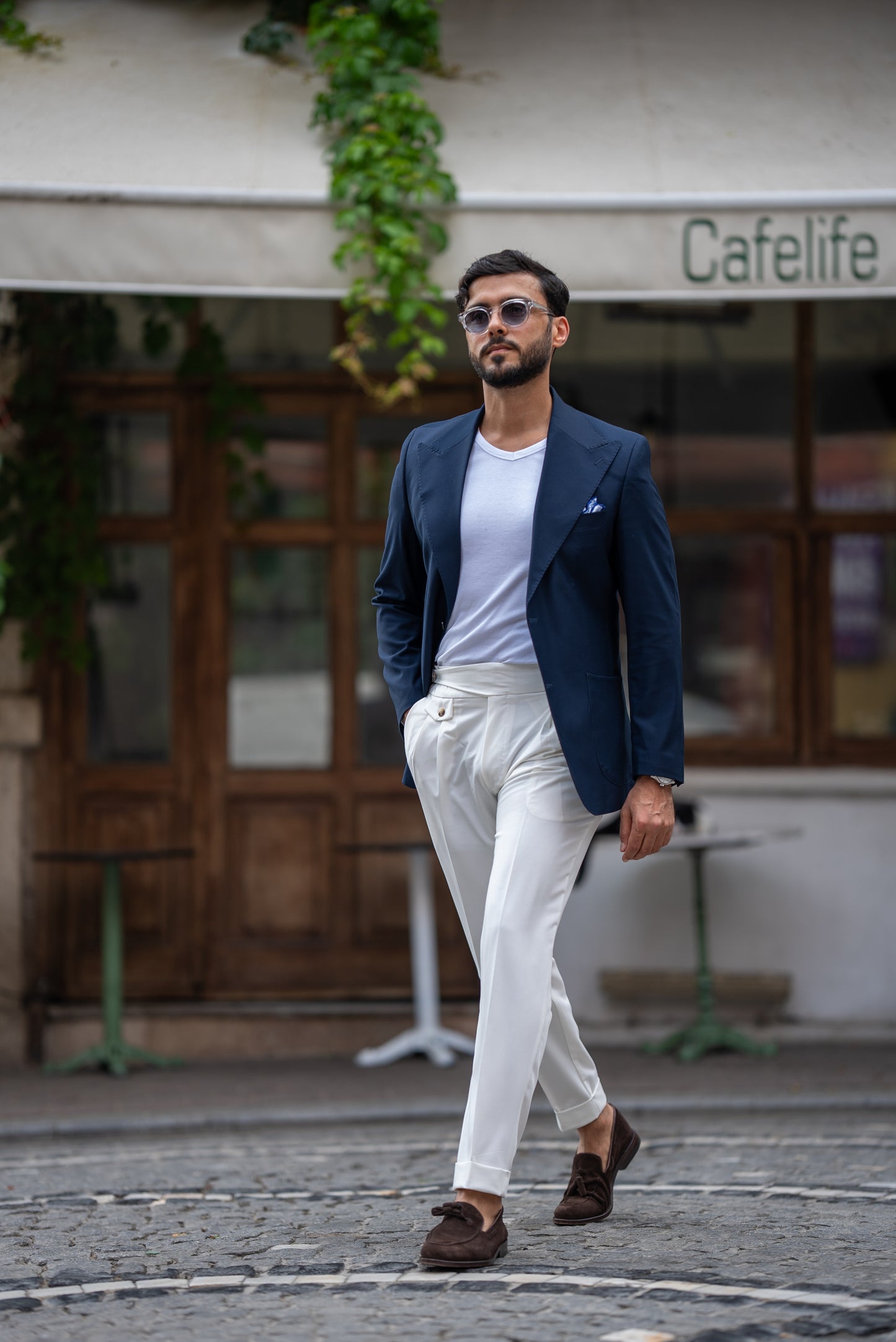 Dark Blue & White Single Breasted Suit