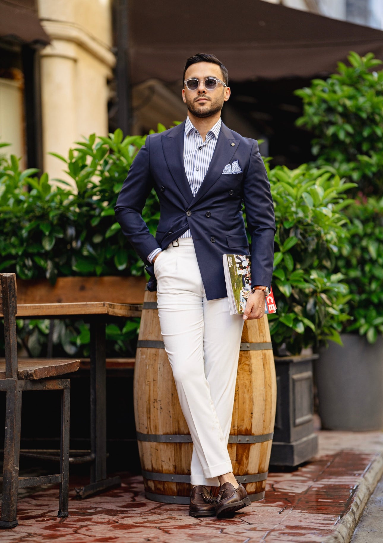 Dark Blue and Beige Double Breasted Suit