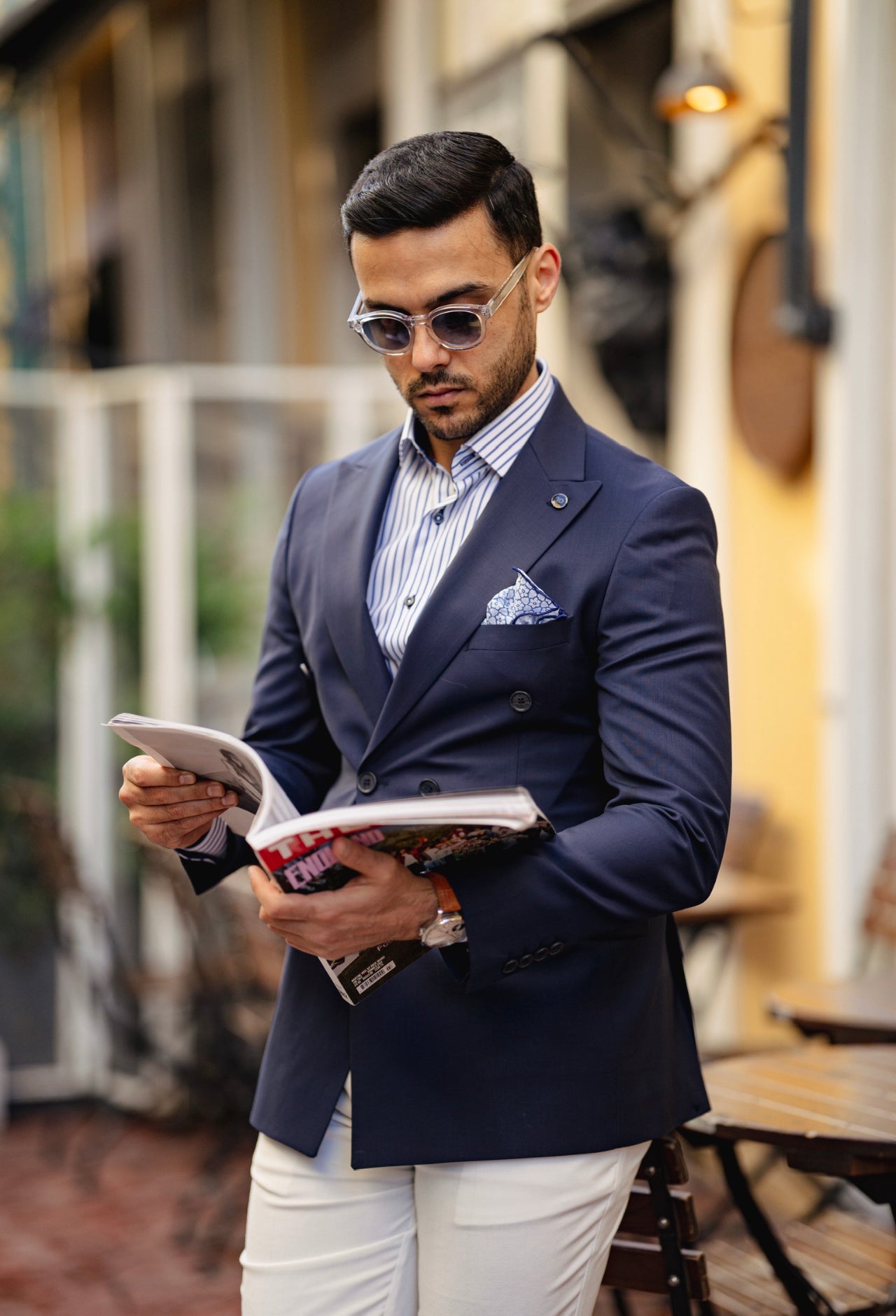 Dark Blue and Beige Double Breasted Suit